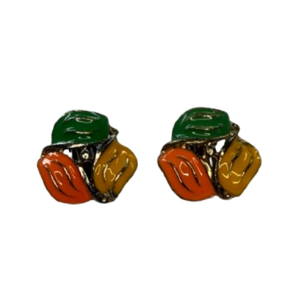 Vintage 80s Enamel Clip-on Leaves Green Yellow Orange Gold Tone Fall